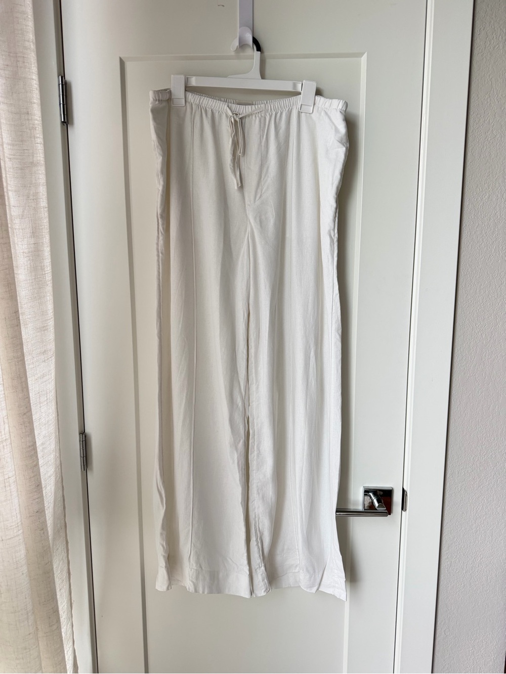 White Linen Blend Drawstring Wide Leg Pants